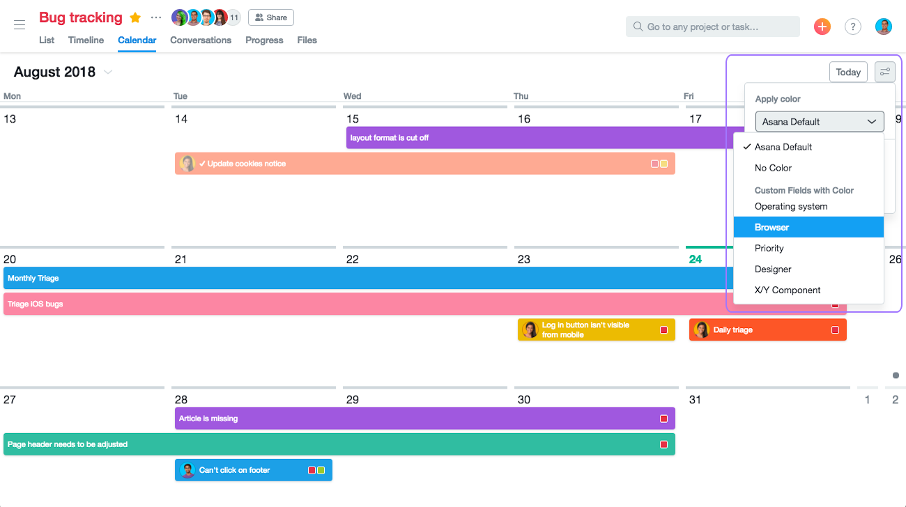 Vista de calendario de Asana